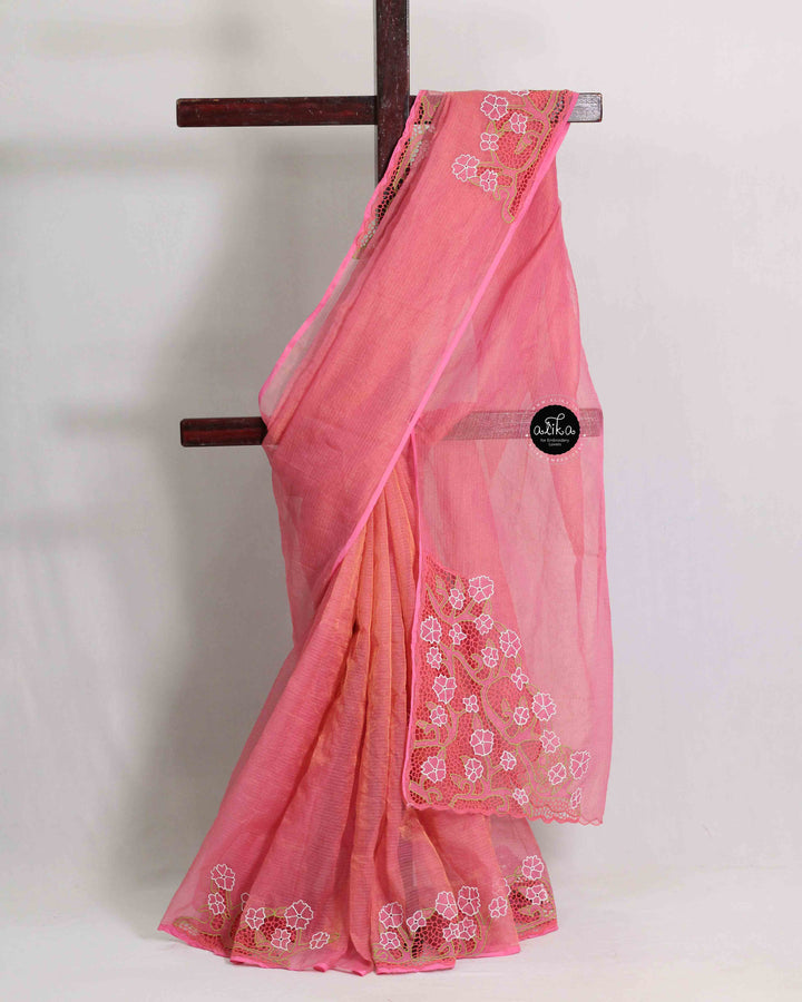 Peach Pure Tissue Saree with Floral Twine Cutwork
