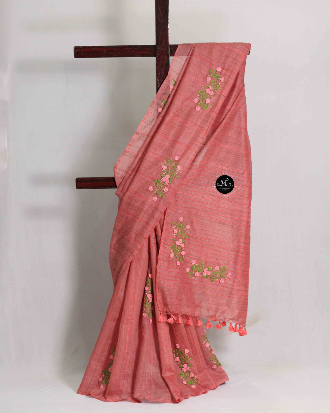 Dusty Orange Semi Linen Saree with Floral Hand Embroidery