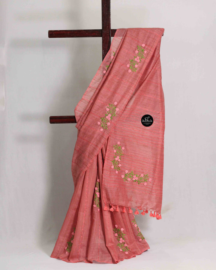 Dusty Orange Semi Linen Saree with Floral Hand Embroidery