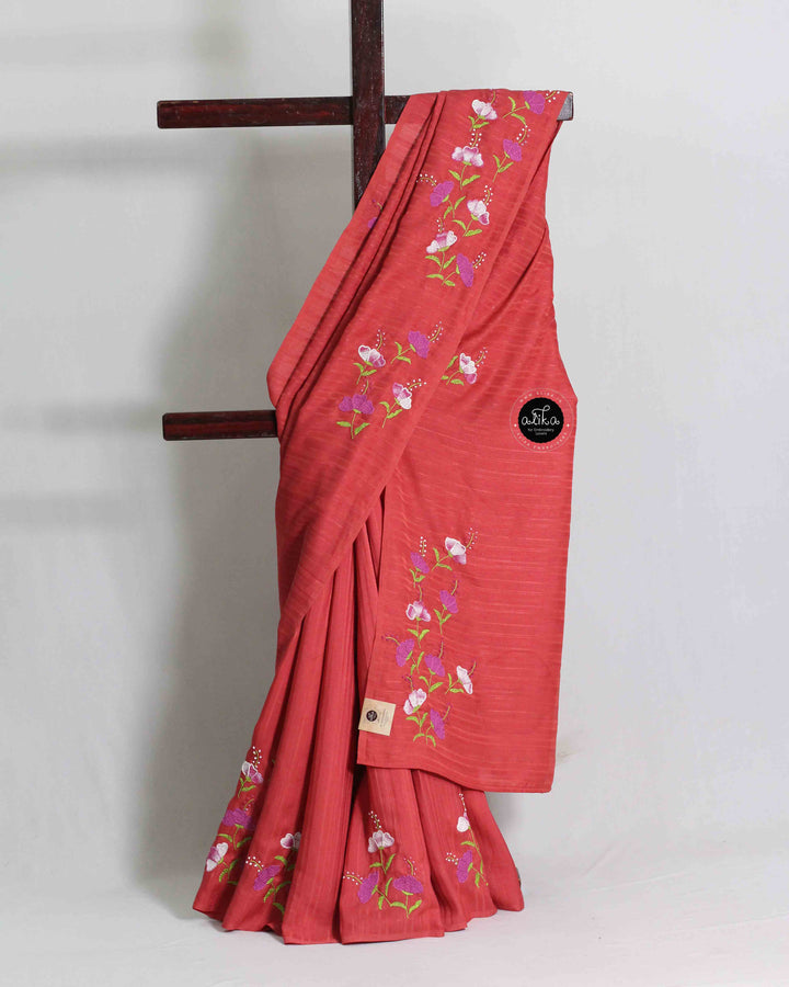 Dark Lavender Semi Silk Saree with Floral Hand Embroidery