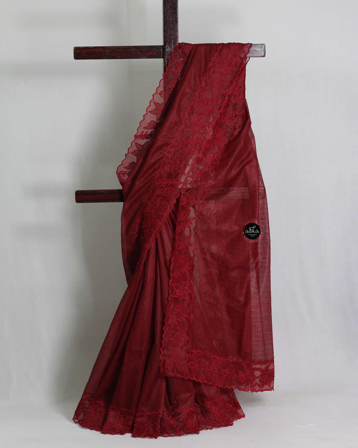 Maroon Silky Kota Saree with Floral Appliqué Border