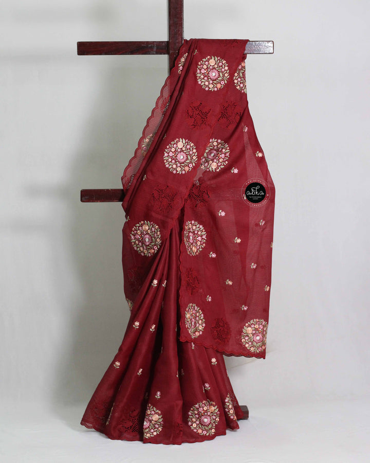 Maroon Silky Kota Saree with Floral Machine Embroidery &amp; Cutwork