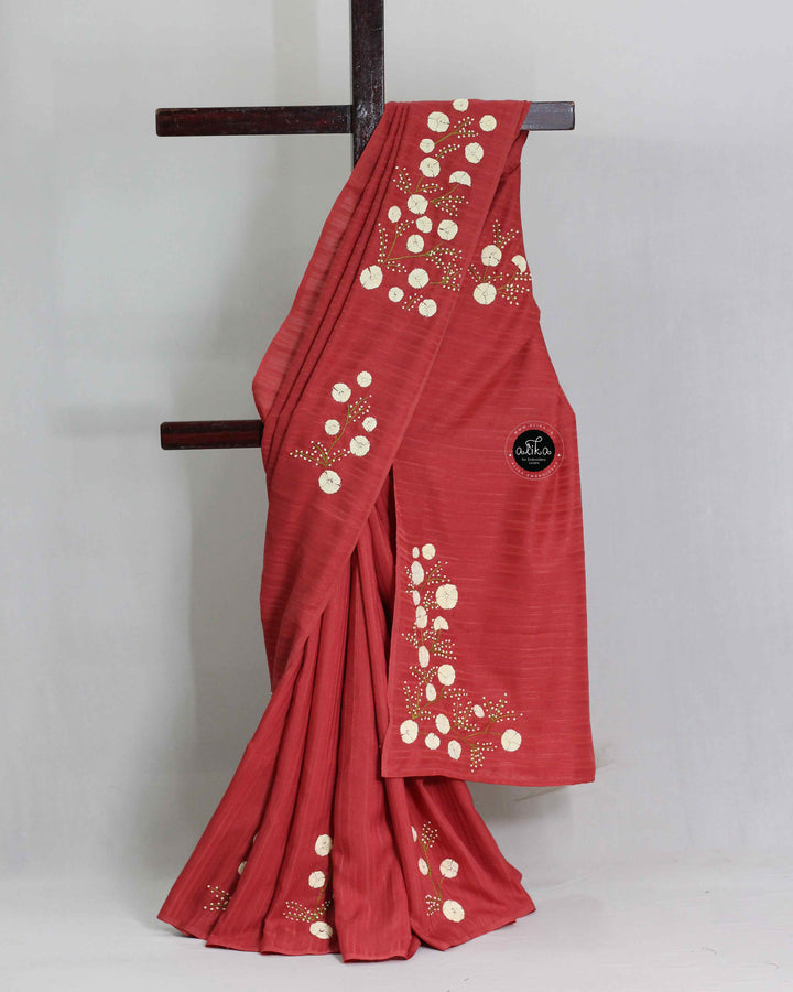 Brick Red Semi Silk Saree with Floral Hand Embroidery