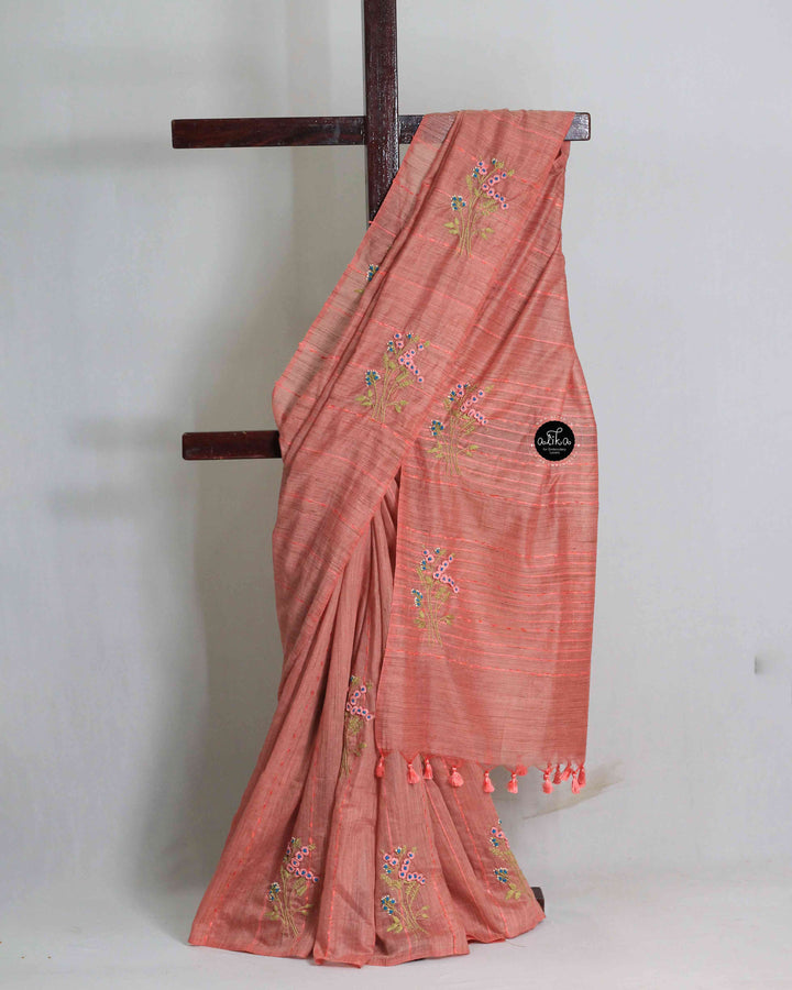 Dusty Orange Semi Linen Saree with Floral Hand Embroidery