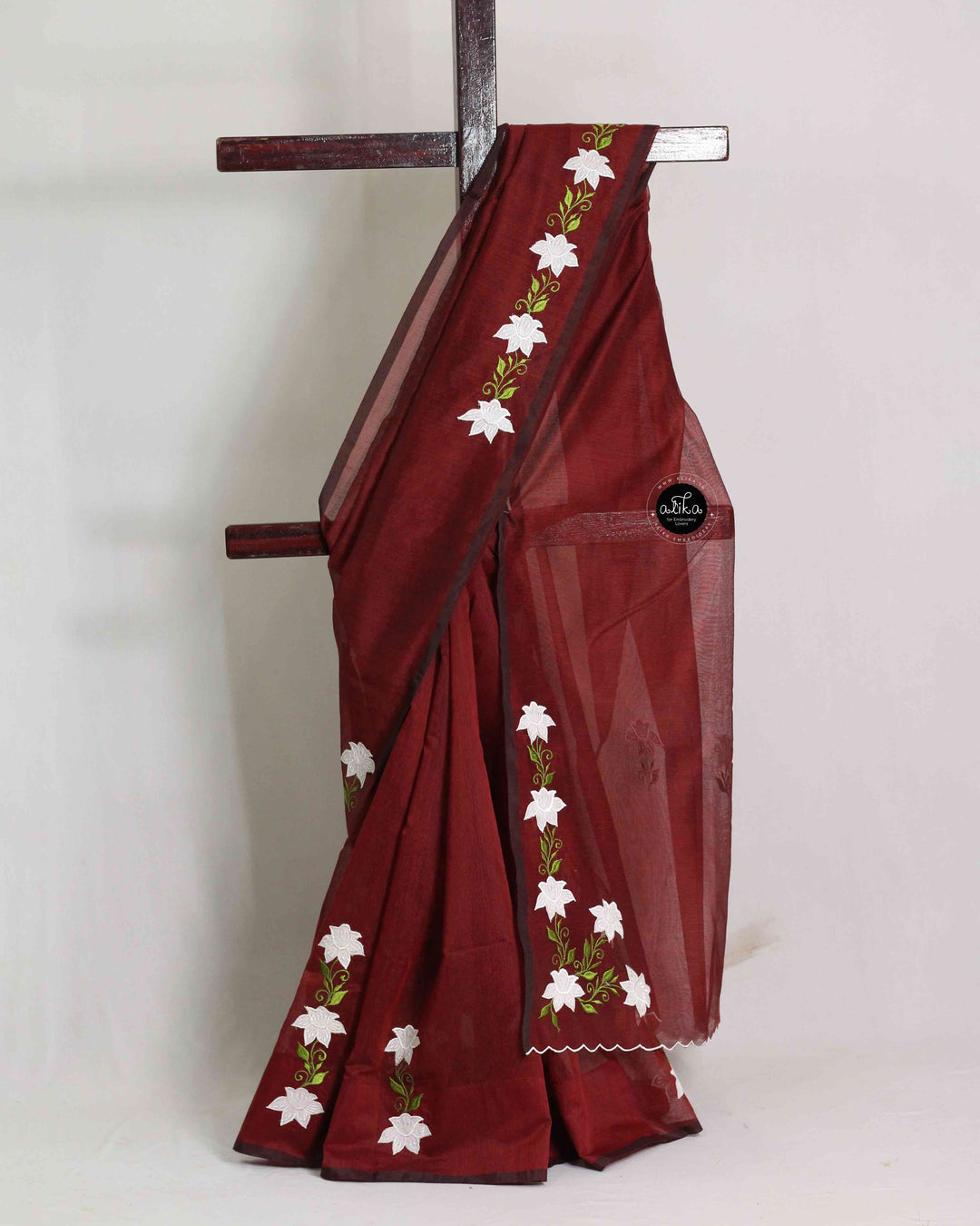 Maroon Silky Kota Saree with Floral Appliqué Work