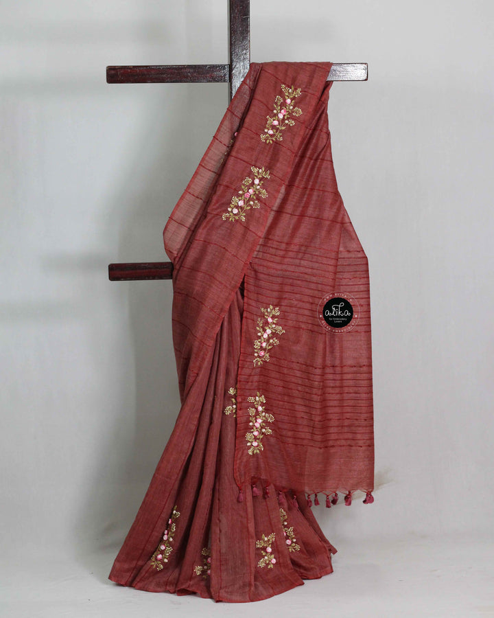 Maroon Bamboo Silk Saree With Floral Hand Embroidery