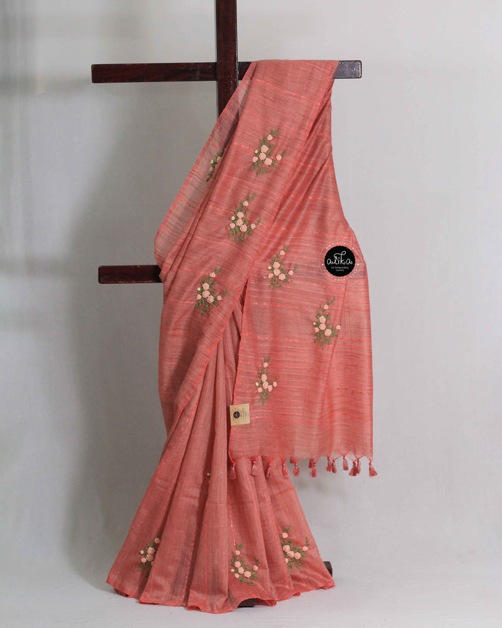 Salmon Bamboo Silk Saree with Floral Hand Embroidery