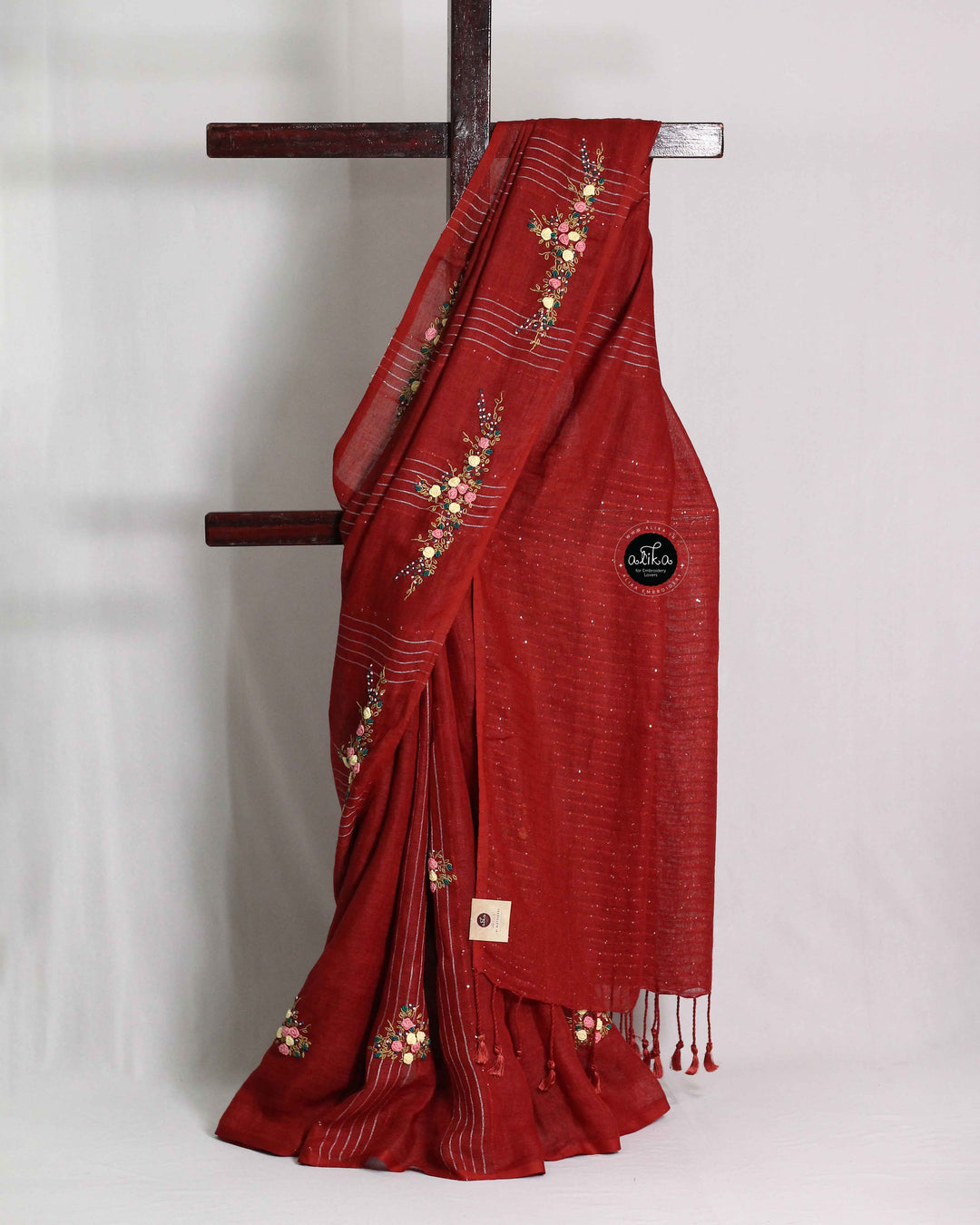 Red Pure Linen Saree with Floral Hand Embroidery-Blouse material is not included with this saree