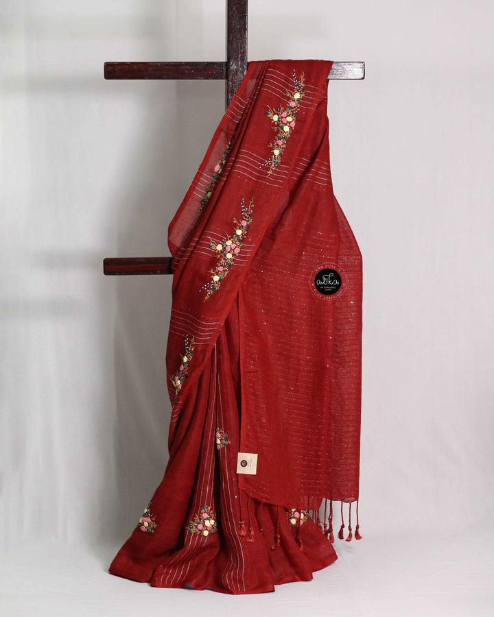 Red Pure Linen Saree with Floral Hand Embroidery-Blouse material is not included with this saree