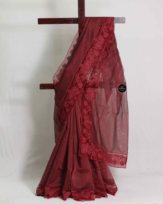 Maroon Kota Saree with Floral Net Appliqué Border – Lightweight Elegance
