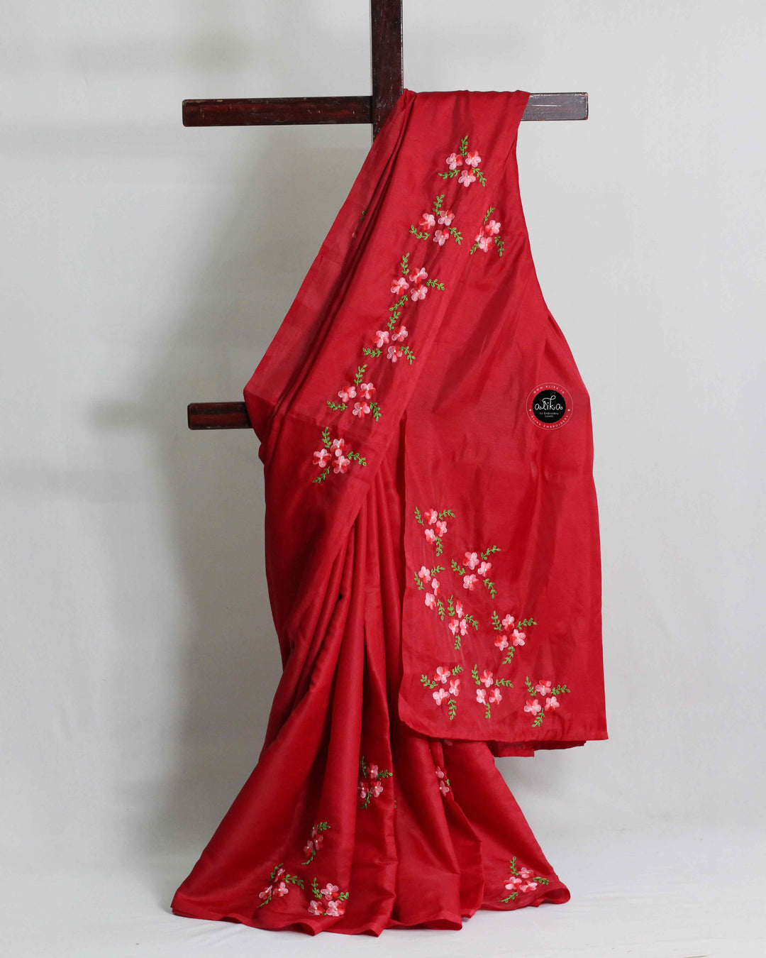 Red Semi Silk Saree with Floral Hand Embroidery