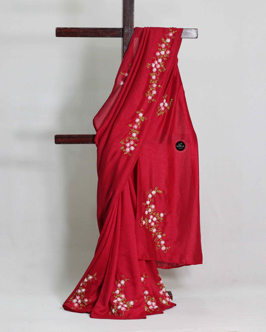 Cherry Red Semi Silk Saree with Floral Lazy Daisy Work & Bead Embellishments