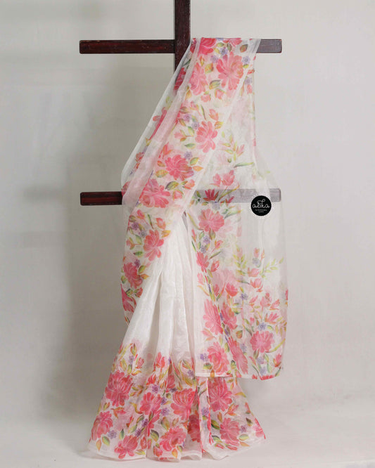 White Organza Saree with Floral Prints – Elegant Sheer Party Wear