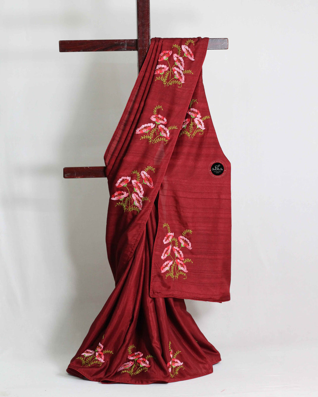 Maroon Semi Silk Saree with Floral Hand Embroidery