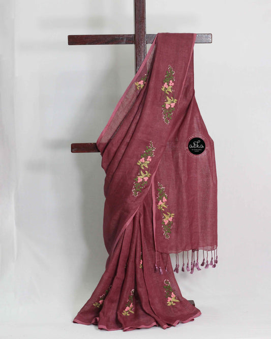 Burgundy Pure Linen Saree with Floral Hand Embroidery
