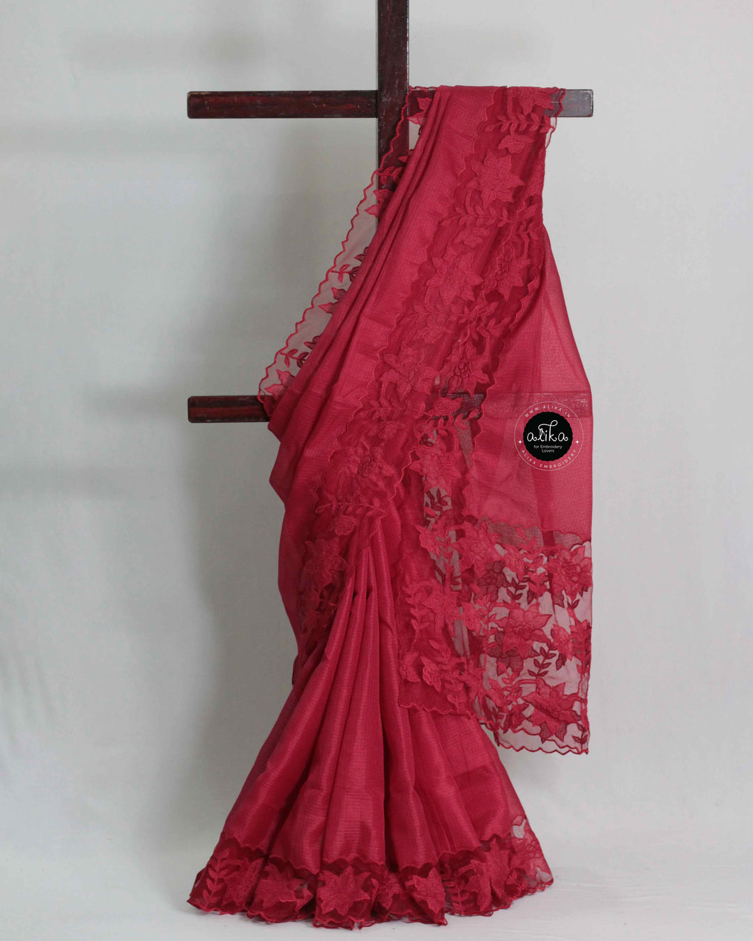 Red Silky Kota Saree with Floral Applique Work