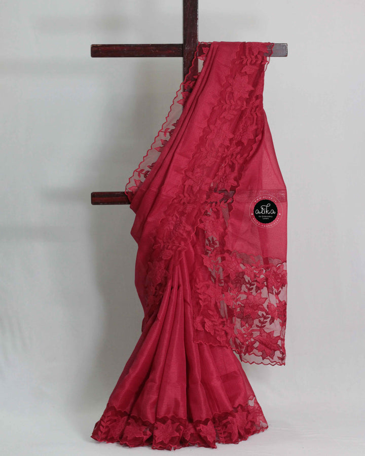 Red Silky Kota Saree with Floral Applique Work