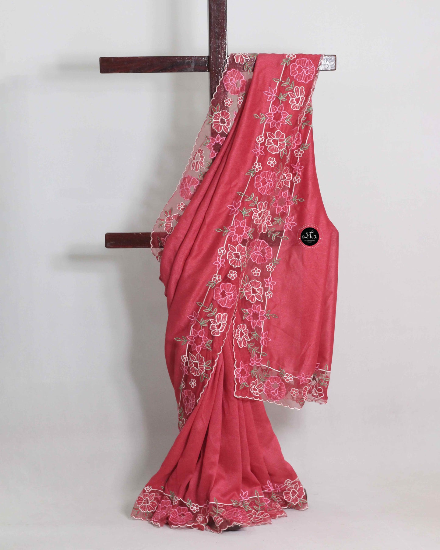 Raspberry Red Soft Silk Saree with Floral Net Appliqué Work – Alika Fashion Store