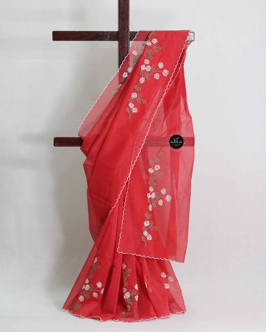 Red Kota Saree with Floral Machine Embroidery