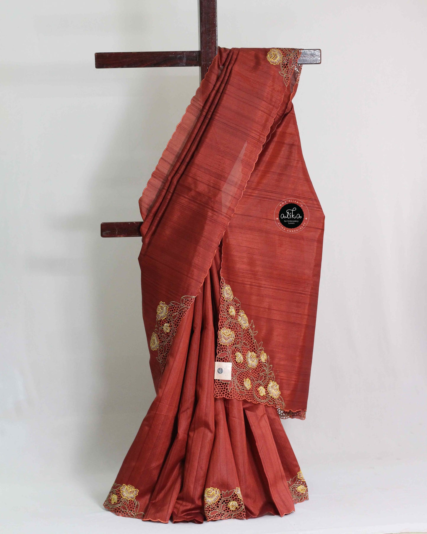 Brick Red Semi Silk Saree with Cutwork