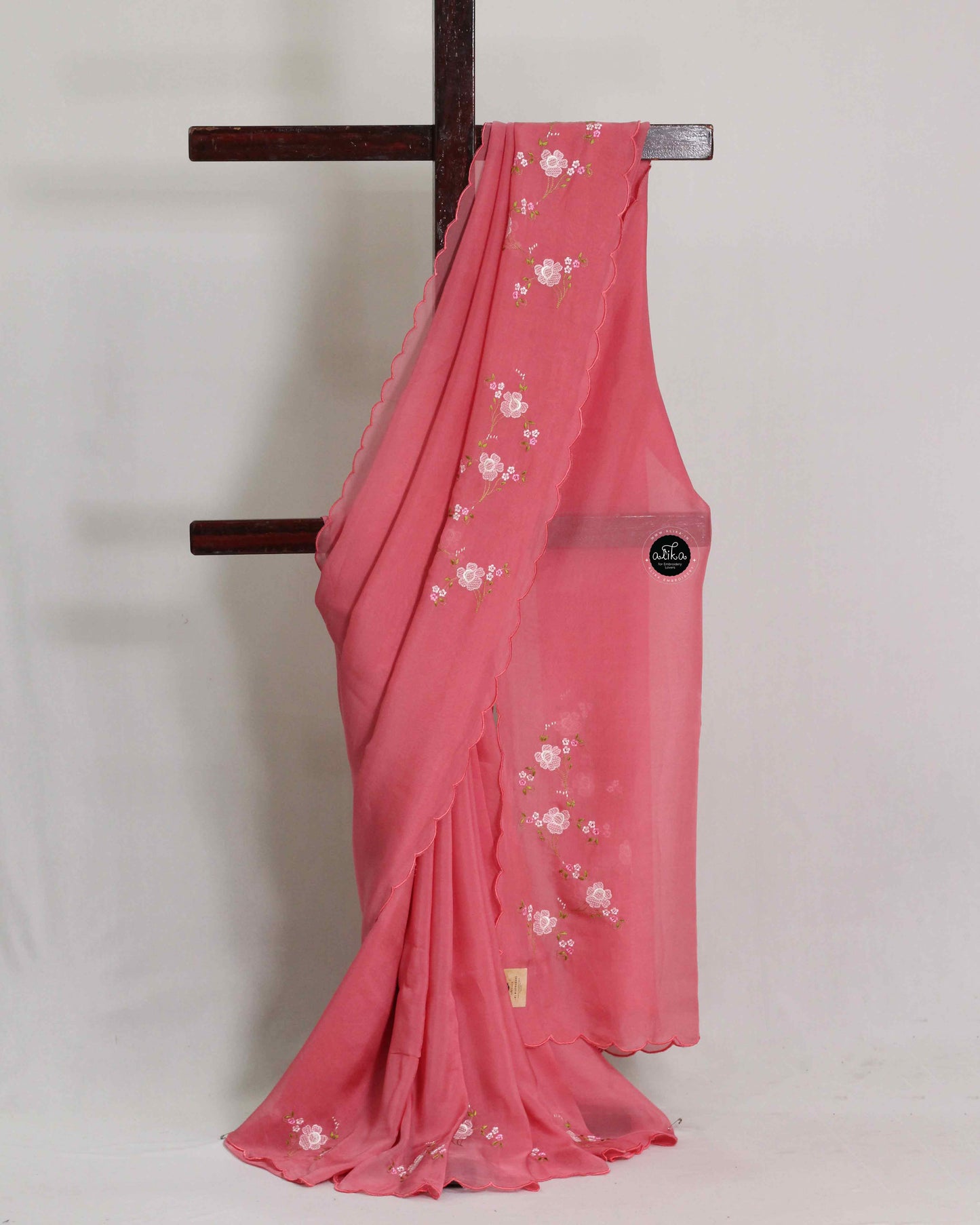 Rose Pink Organza Saree with Floral Machine Embroidery