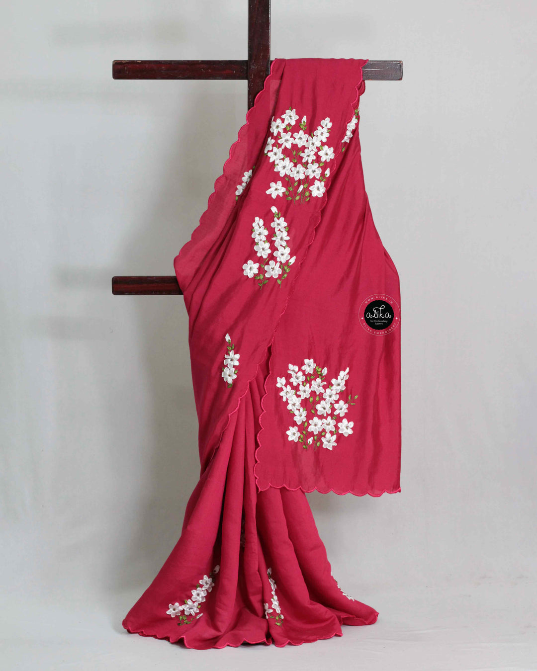Red Rose Soft Semi Silk Saree with Floral Ribbon Embroidery