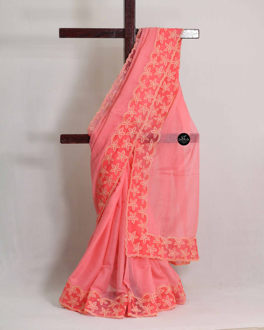 Rose Pink Cotton Kota Saree with Floral Appliqué Border