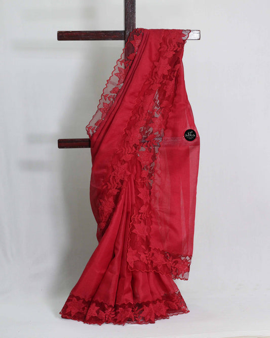 Red Silky Kota Saree with Floral Net Applique Work