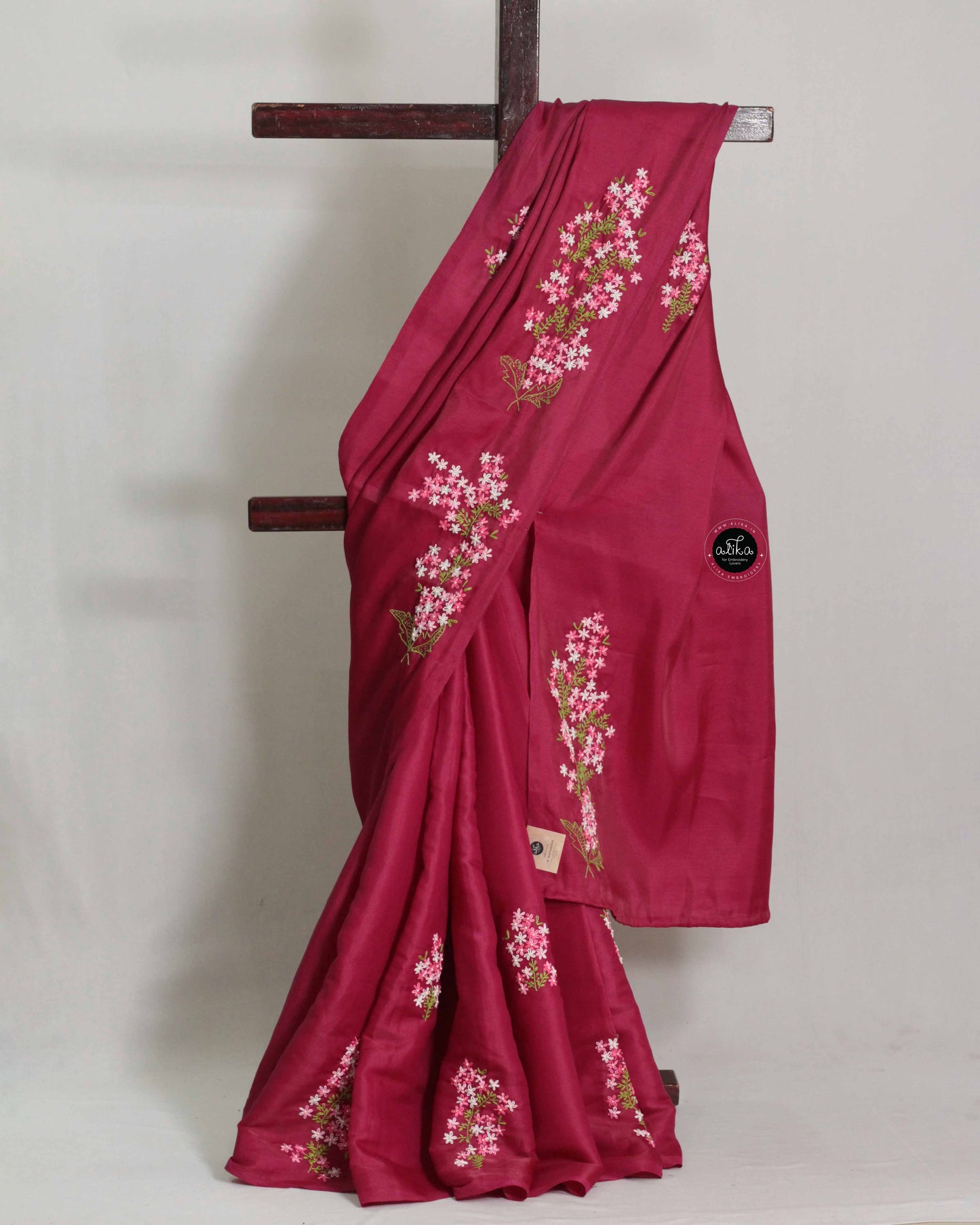Wine Red Semi Saree with Hand Embroidery and Bead Work