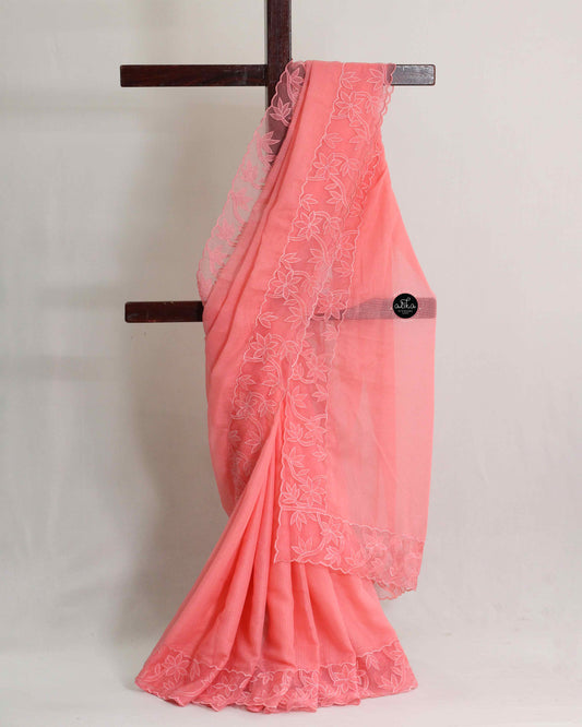 Peach Pink Cotton Kota Saree with Floral Appliqué Border – Premium Ethnic Wear