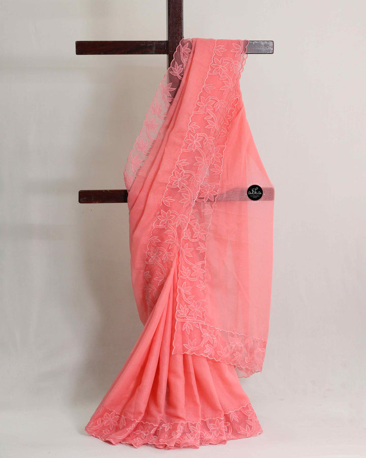 Peach Pink Cotton Kota Saree with Floral Appliqué Border