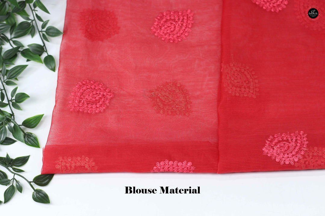 Red Net Kota Saree with Floral Machine Embroidery