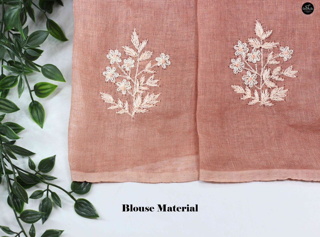 Coral Peach Pure Linen Saree with Floral Embroidery