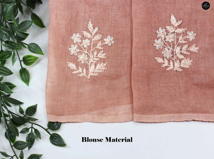 Coral Peach Pure Linen Saree with Floral Embroidery