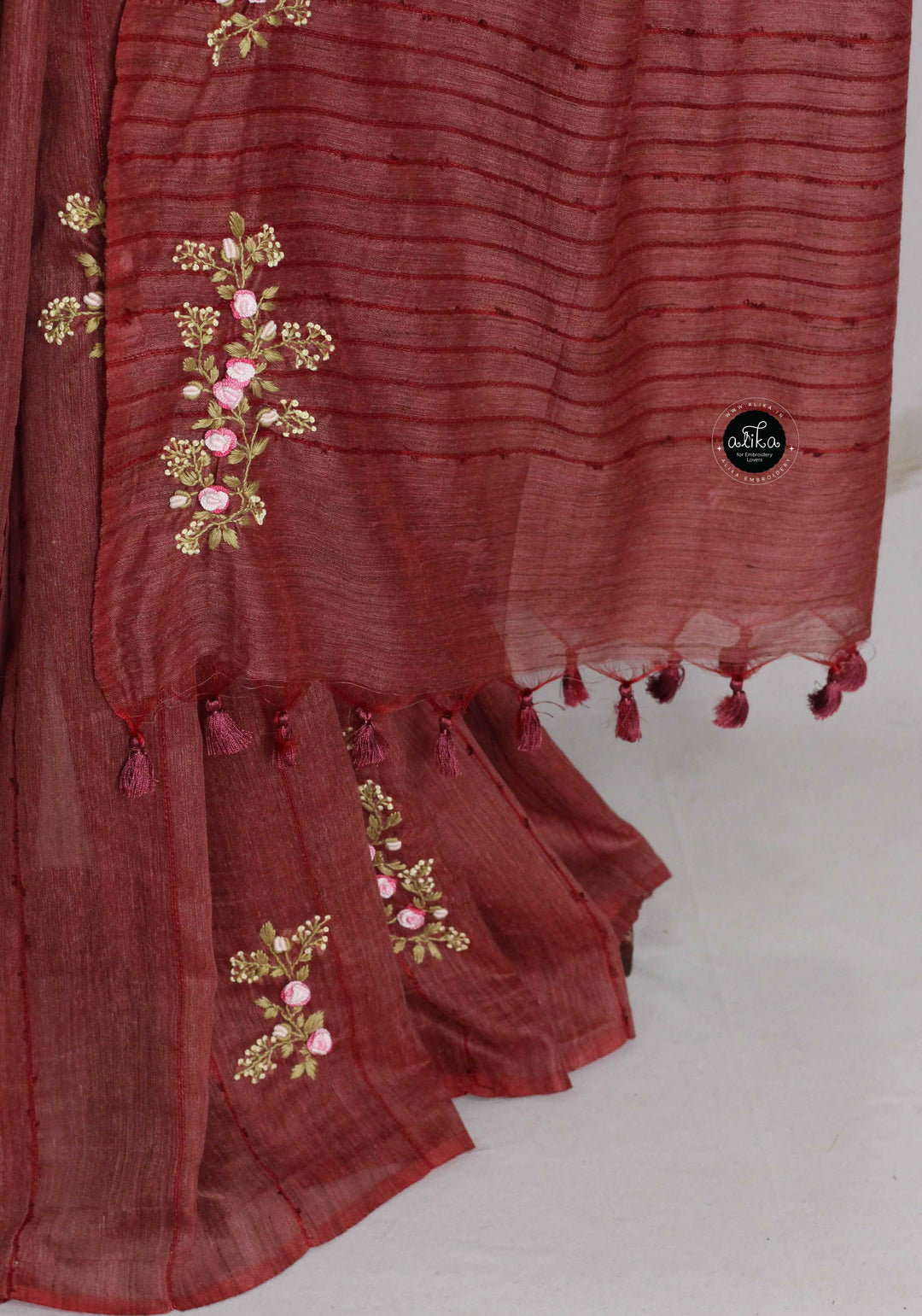 Maroon Bamboo Silk Saree With Floral Hand Embroidery