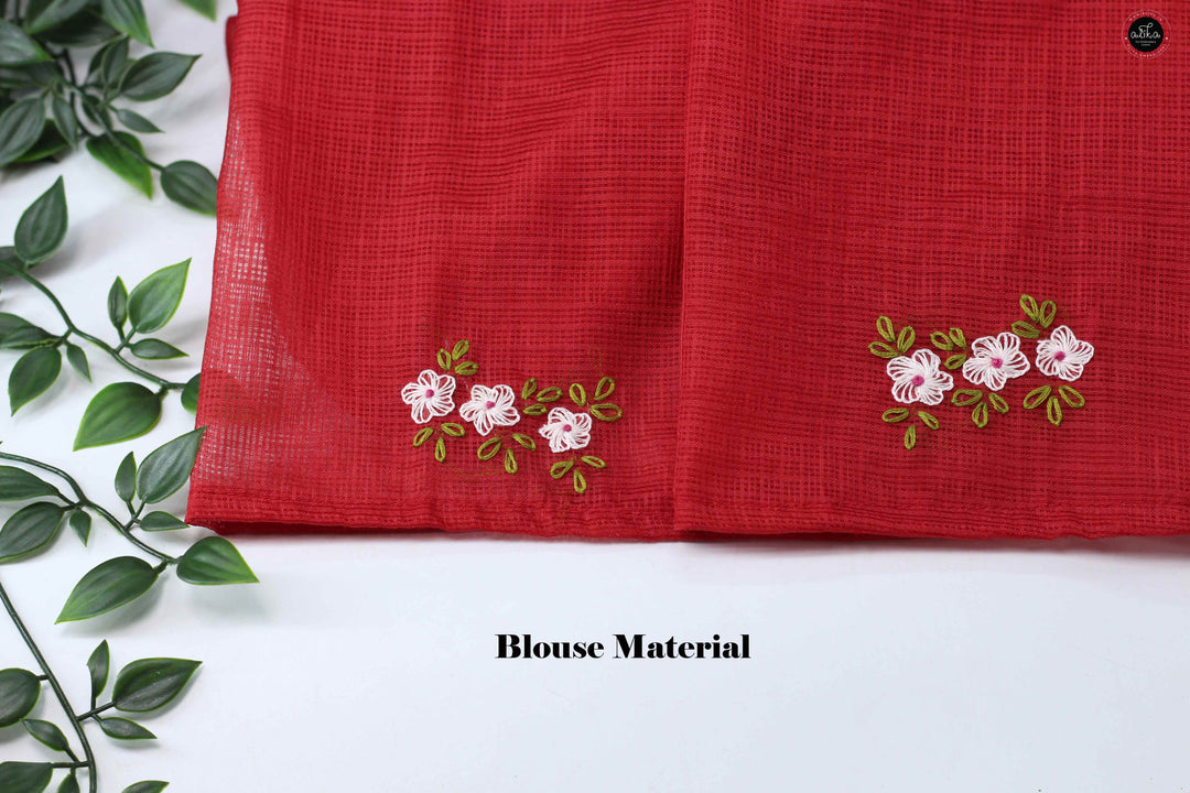 Red Silky Kota Saree with Floral Hand Embroidery
