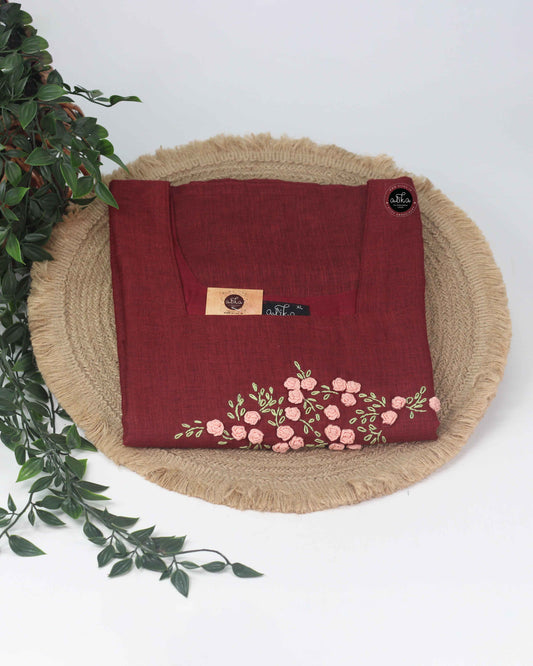Elegant Maroon Semi-Linen Stitched Kurta with Hand-Embroidered Floral Detailing – Festive & Ethnic Wear for Women