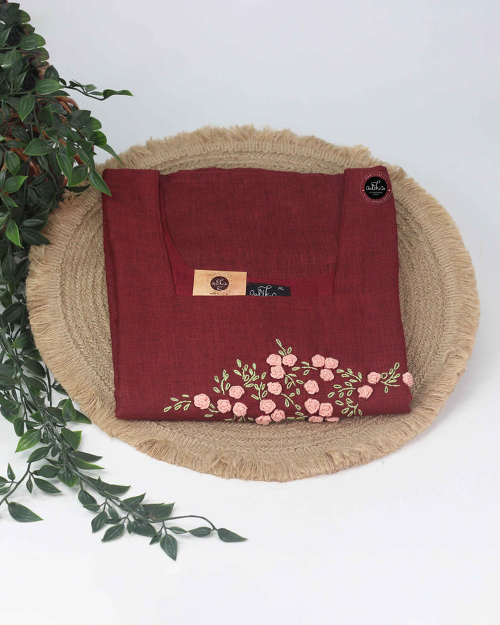 Maroon Semi-Linen Stitched Kurta with Hand-Embroidered Floral Detailing