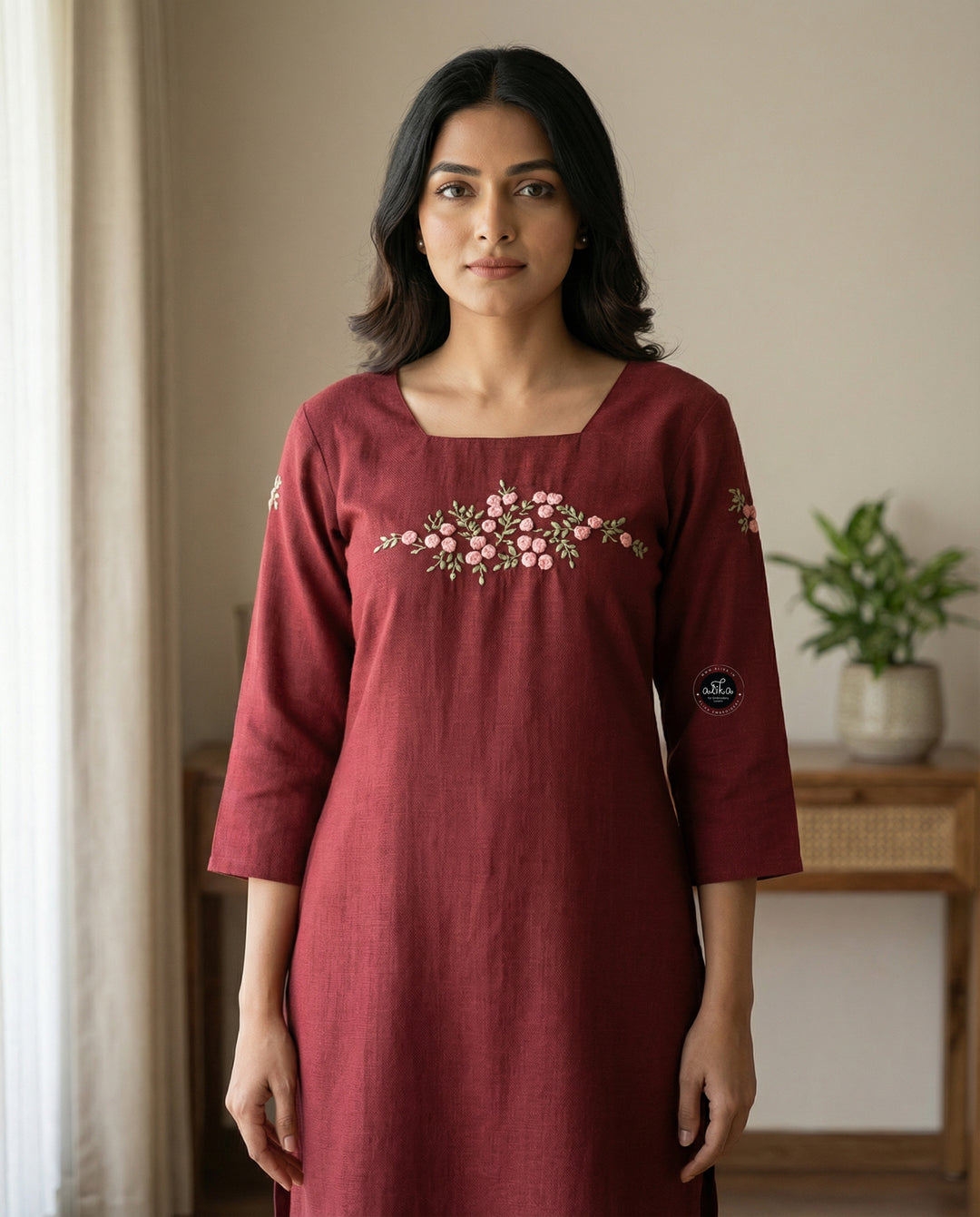 Maroon Semi-Linen Stitched Kurta with Hand-Embroidered Floral Detailing