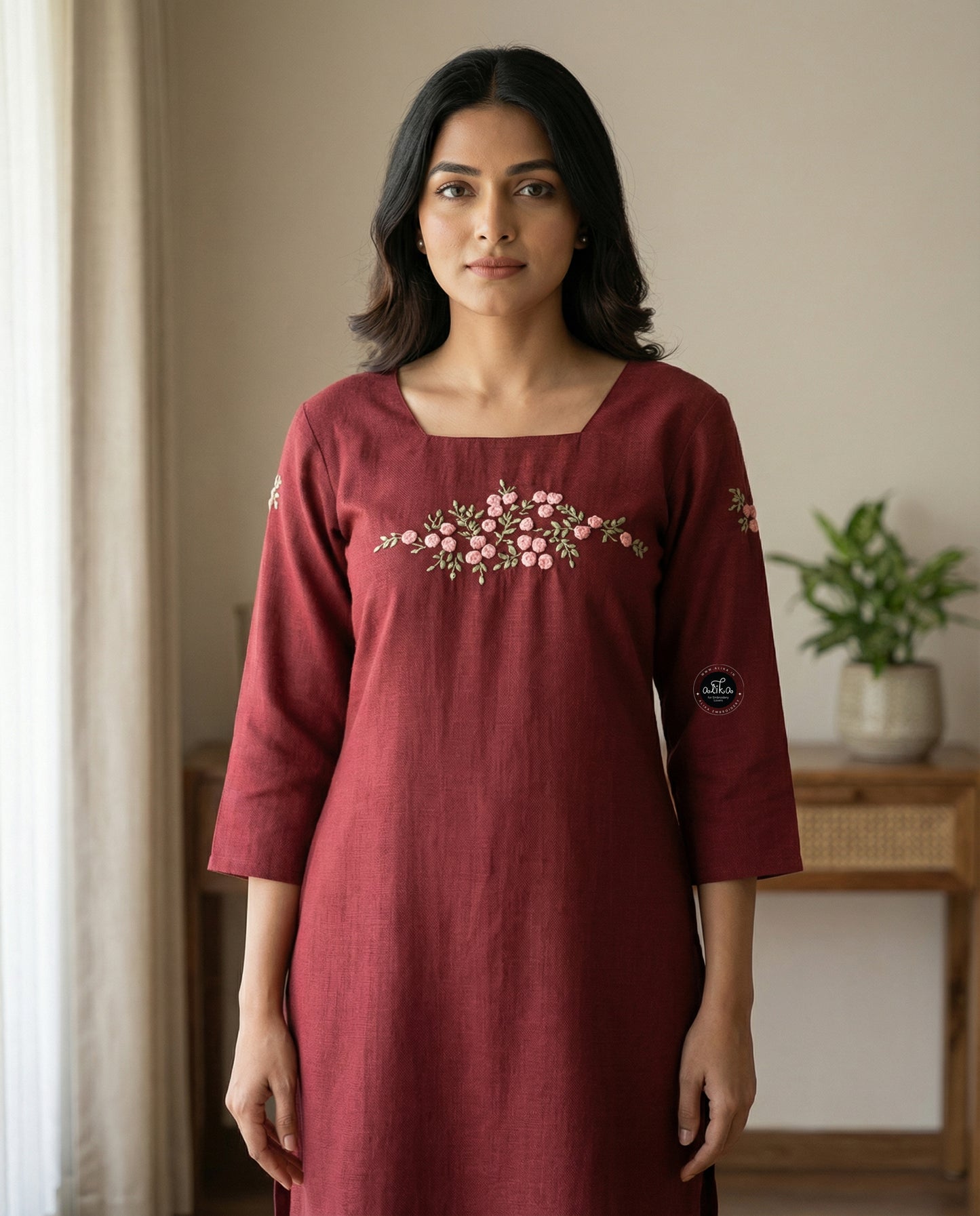 Elegant Maroon Semi-Linen Stitched Kurta with Hand-Embroidered Floral Detailing – Festive & Ethnic Wear for Women