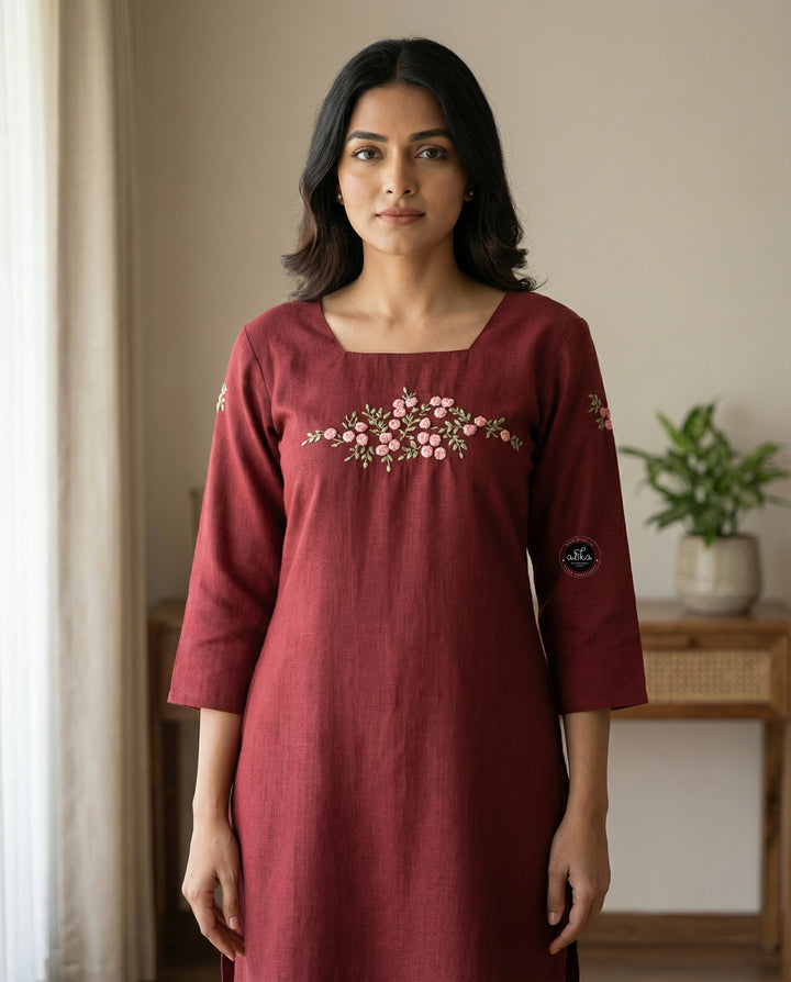 Maroon Semi-Linen Stitched Kurta with Hand-Embroidered Floral Detailing