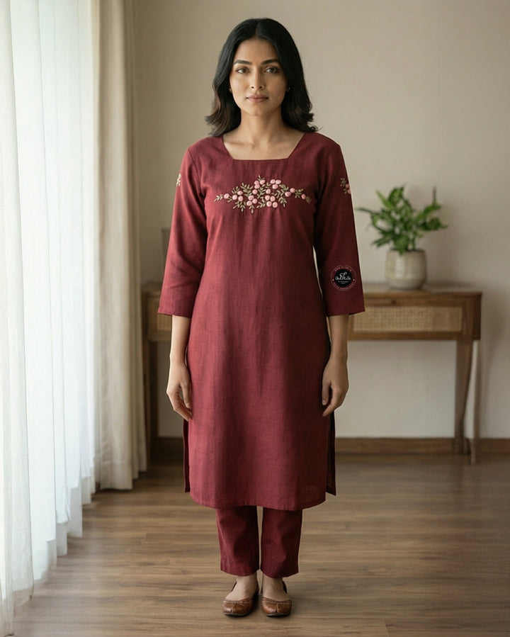 Maroon Semi-Linen Stitched Kurta with Hand-Embroidered Floral Detailing
