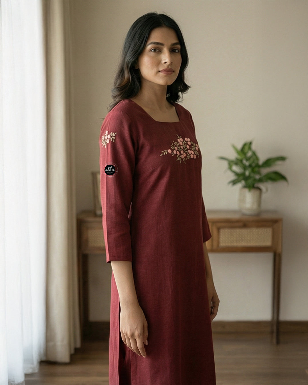 Elegant Maroon Semi-Linen Stitched Kurta with Hand-Embroidered Floral Detailing – Festive & Ethnic Wear for Women