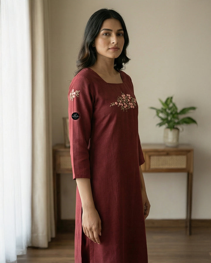 Maroon Semi-Linen Stitched Kurta with Hand-Embroidered Floral Detailing