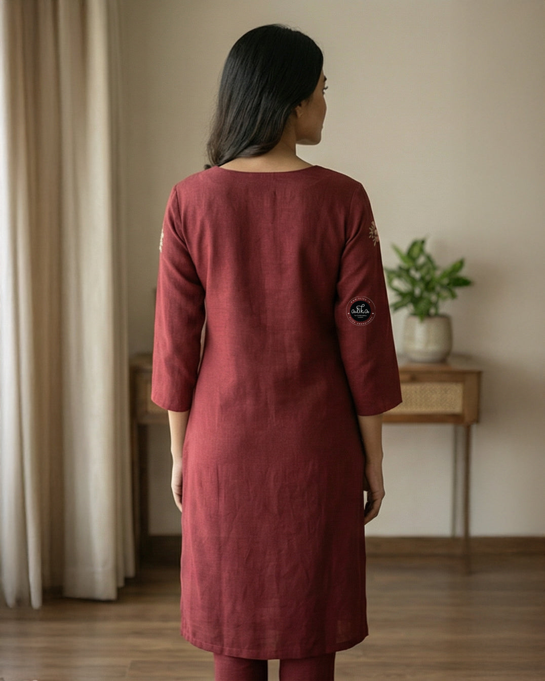 Maroon Semi-Linen Stitched Kurta with Hand-Embroidered Floral Detailing