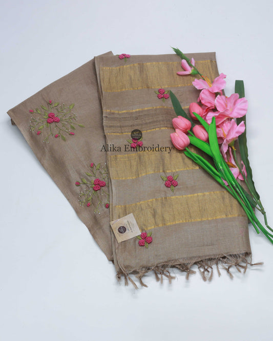Golden Tussar Silk Saree with  Hand Embroidery