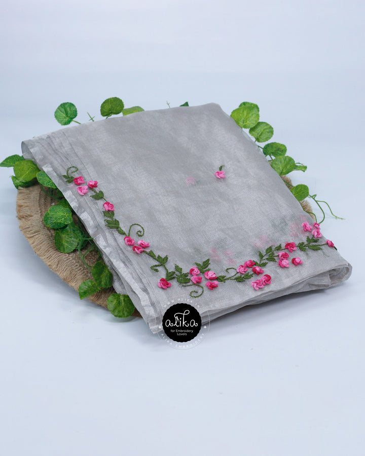 Silver Tissue Saree with Floral Hand Embroidery – &amp; Traditional Wear