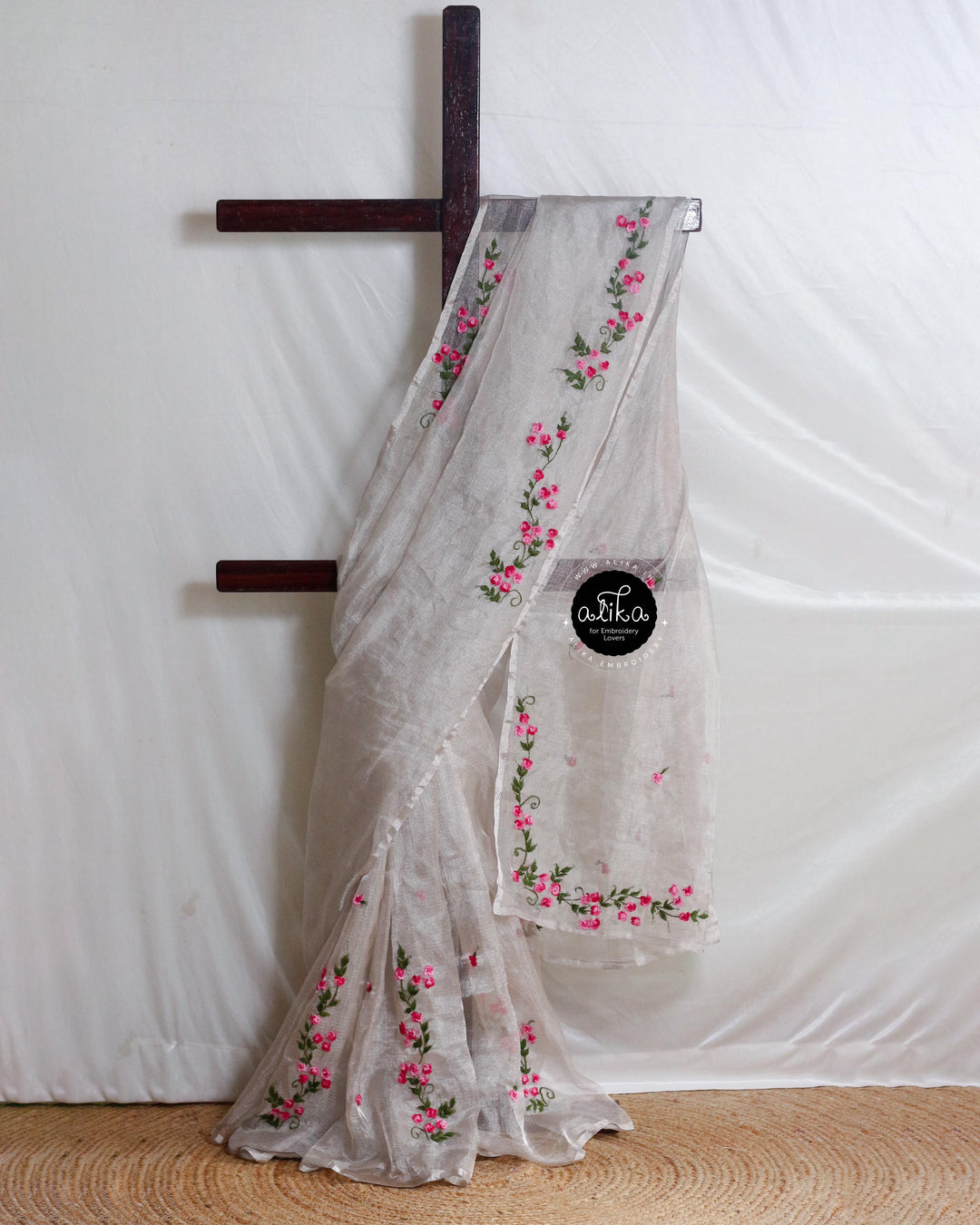 Silver Tissue Saree with Floral Hand Embroidery – &amp; Traditional Wear