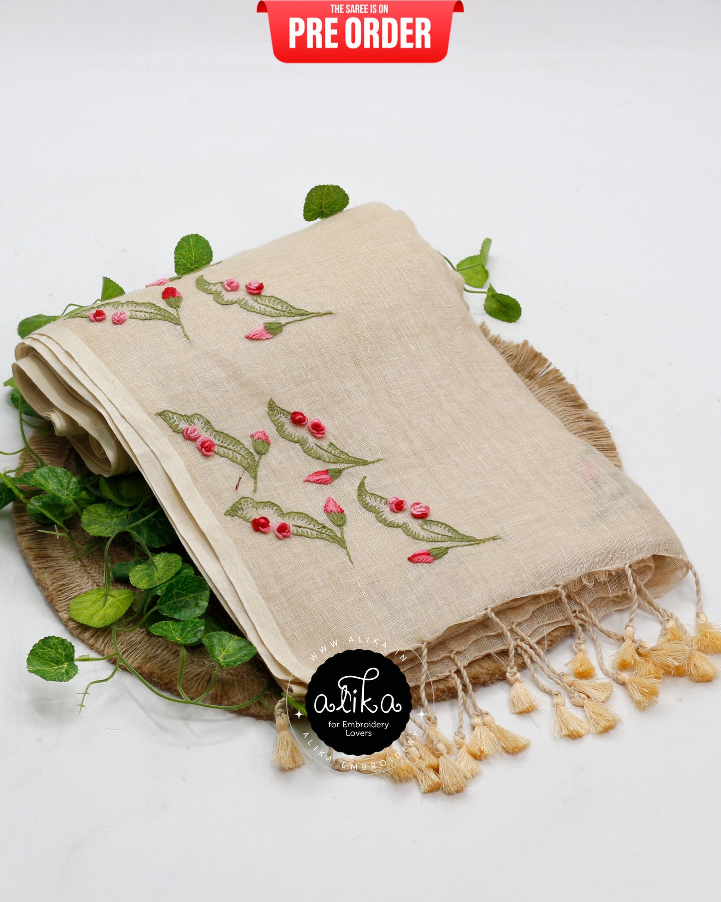 Graceful Soft Amber Pure Linen Saree with Exquisite Hand Embroidery