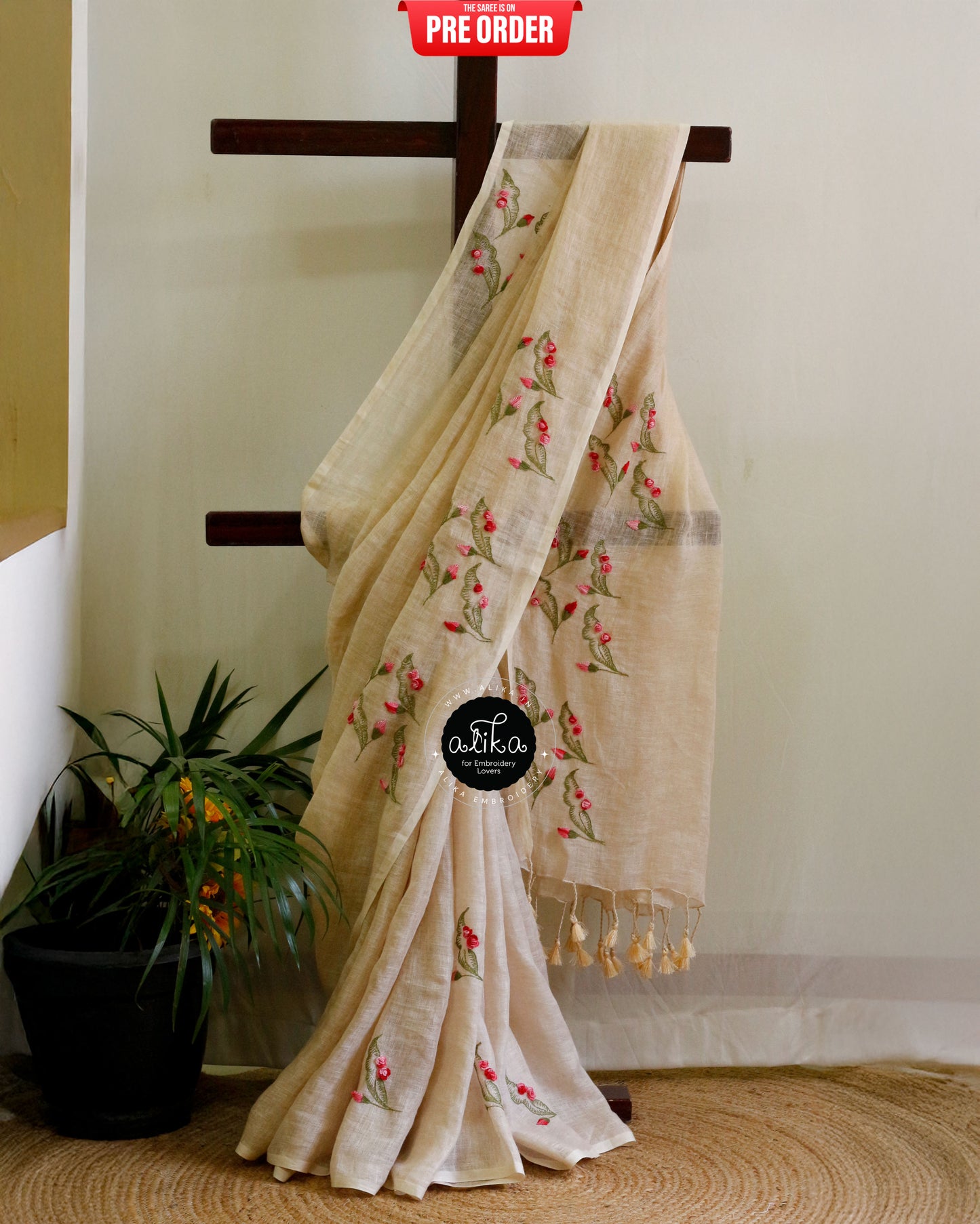 Graceful Soft Amber Pure Linen Saree with Exquisite Hand Embroidery